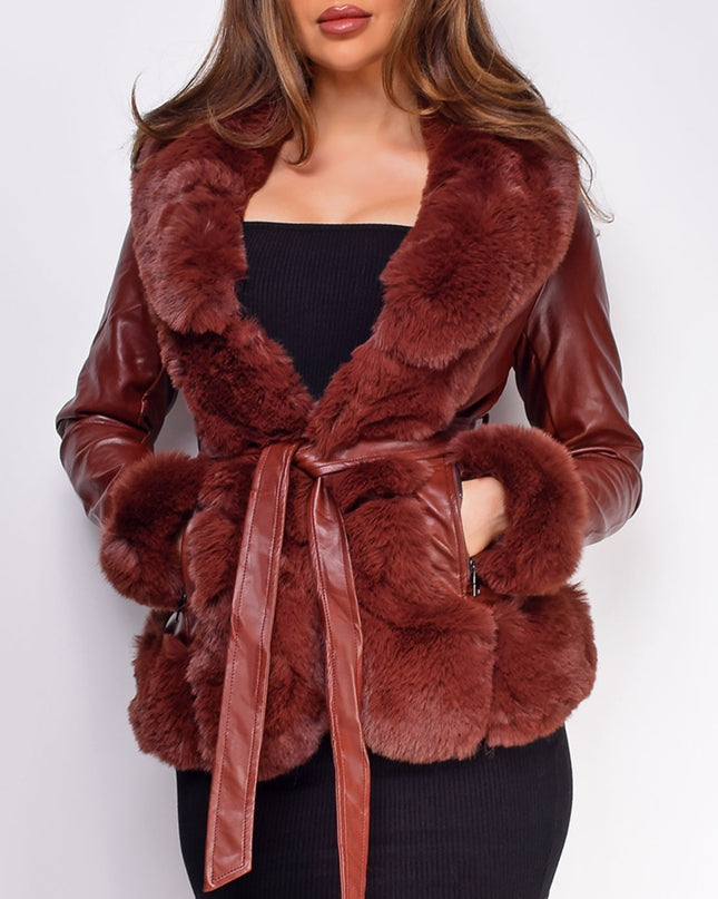 Brown PU Leather Belted Coat