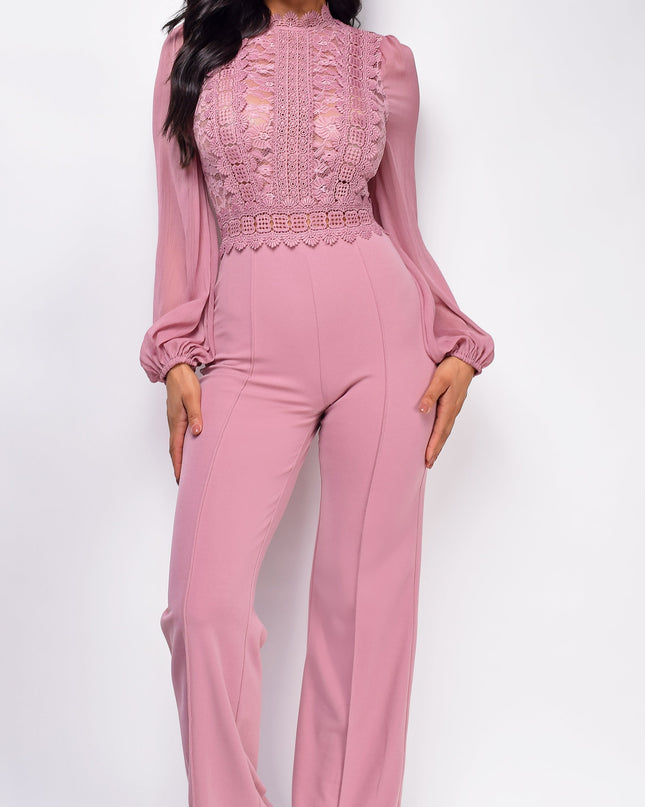 Pink Crochet Lace Mesh Jumpsuit