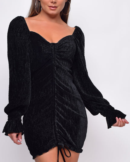 Black Velvet Long Sleeves Ruched Dress