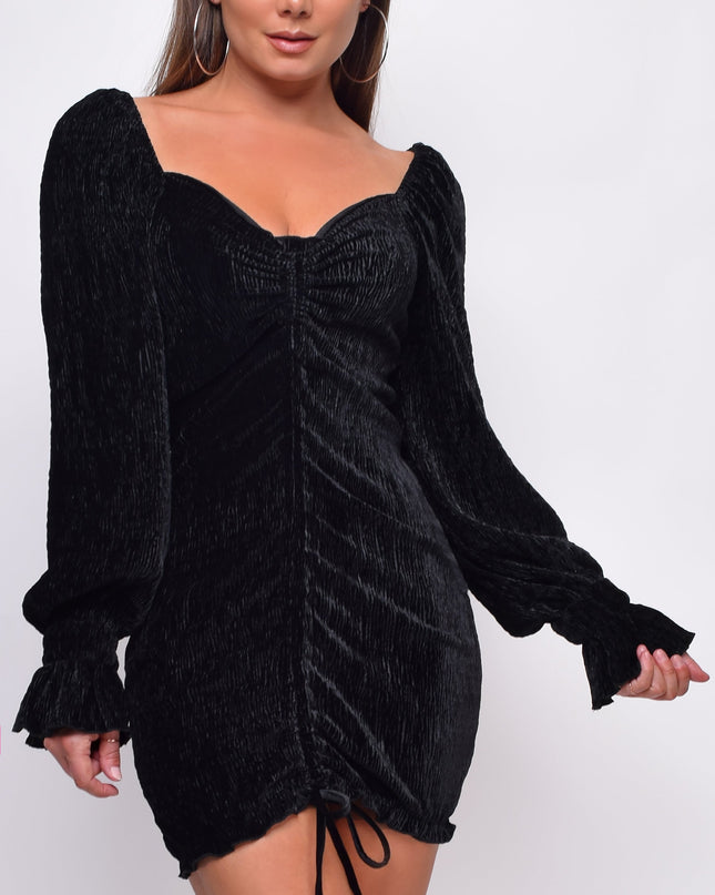 Black Velvet Long Sleeves Ruched Dress