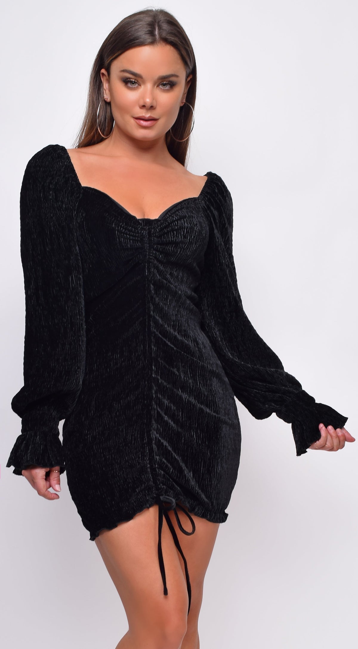 Black Velvet Long Sleeves Ruched Dress