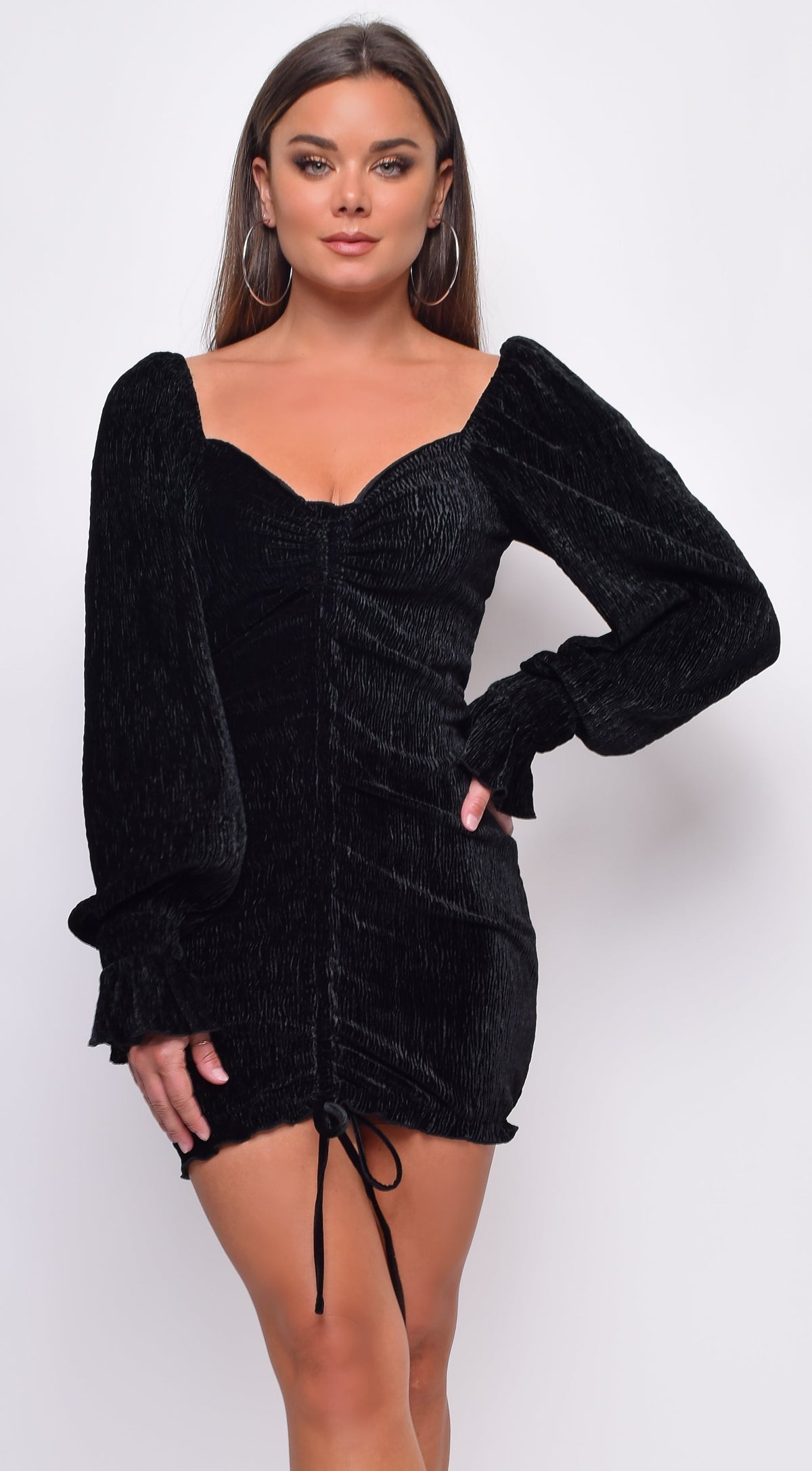 Black Velvet Long Sleeves Ruched Dress