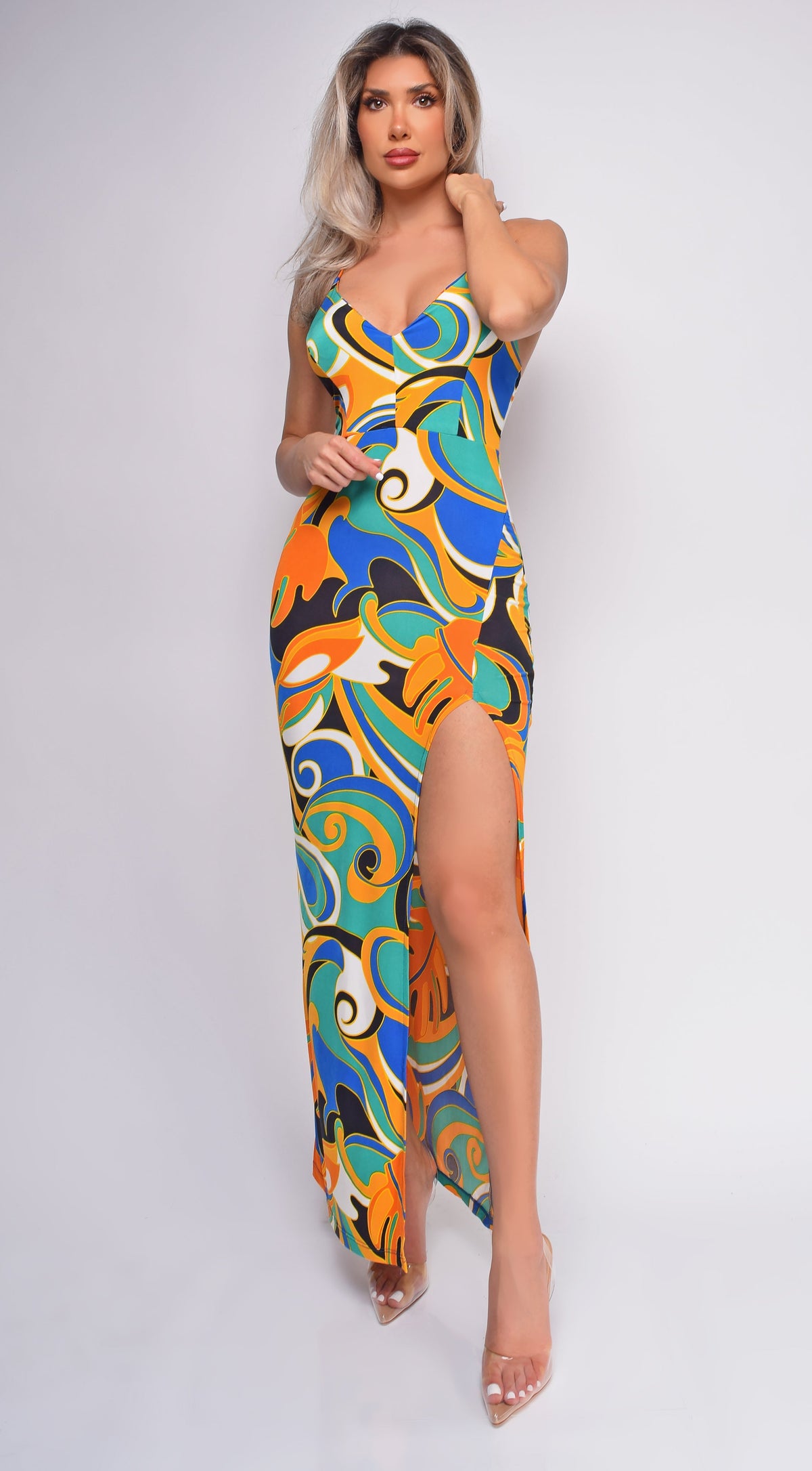 Green Multi Color Cross Back Maxi Dress