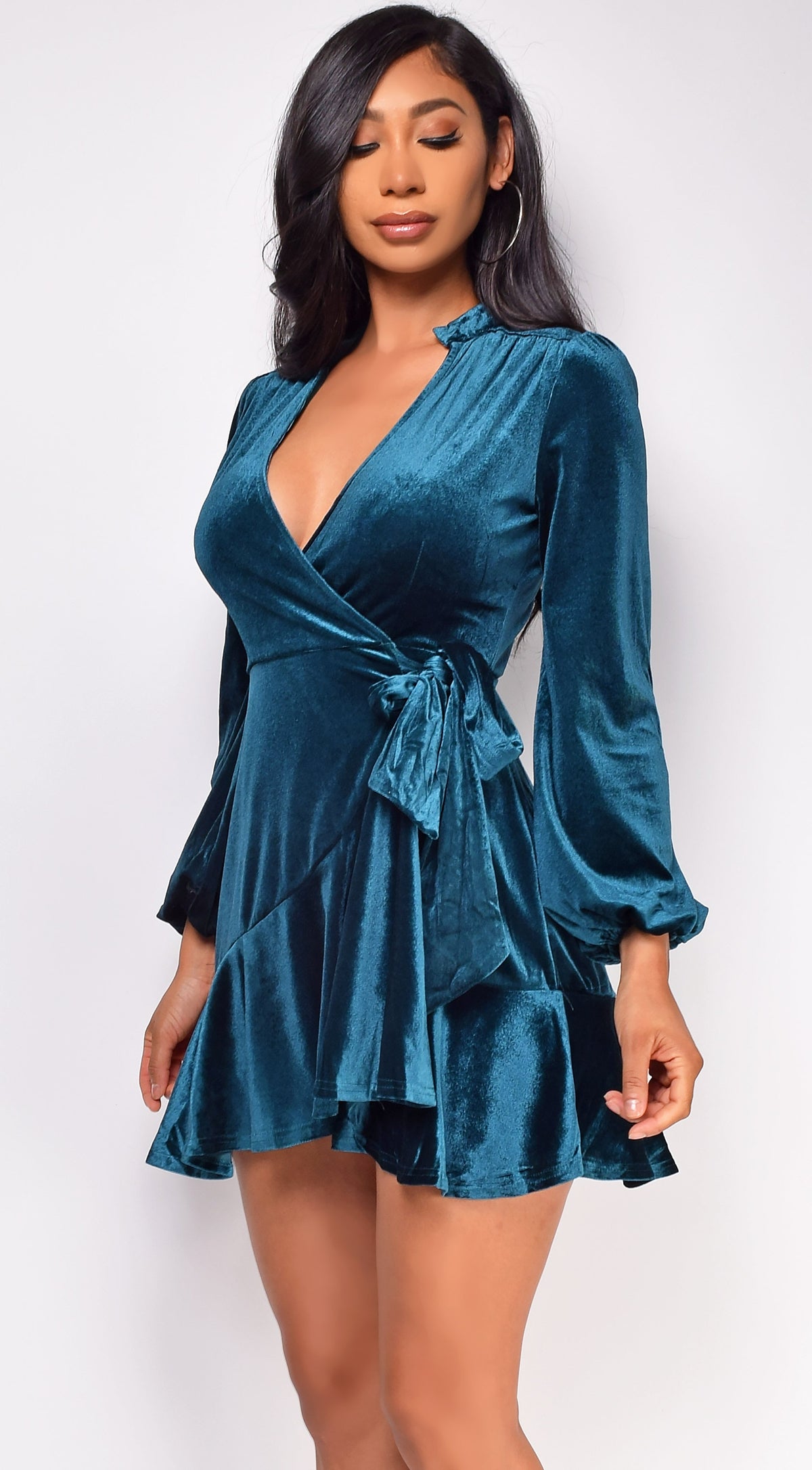 Teal Blue Green Ruffled Wrap Velvet Mini Dress