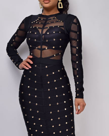 Black Studded Mesh Bandage Dress