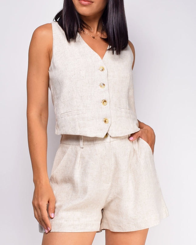 Beige Linen Vest Shorts Set