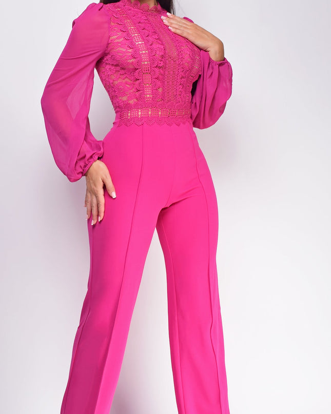 Magenta Pink Crochet Lace Mesh Jumpsuit