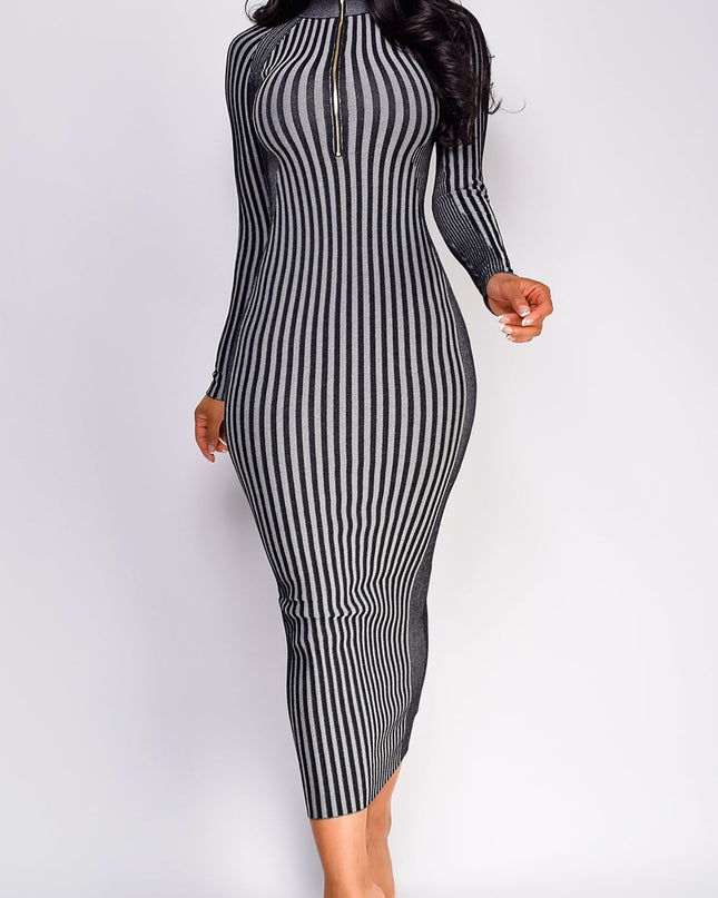 Gray Two Tone Front Zipper Maxi Dress