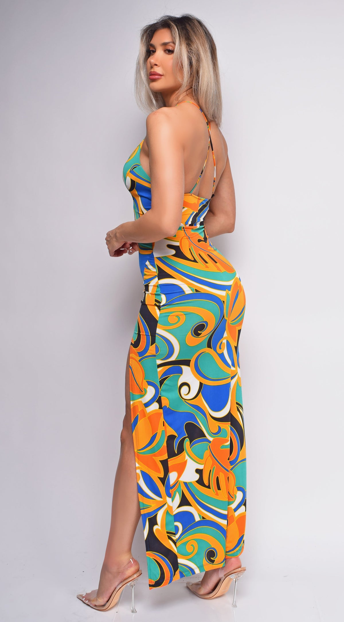 Green Multi Color Cross Back Maxi Dress