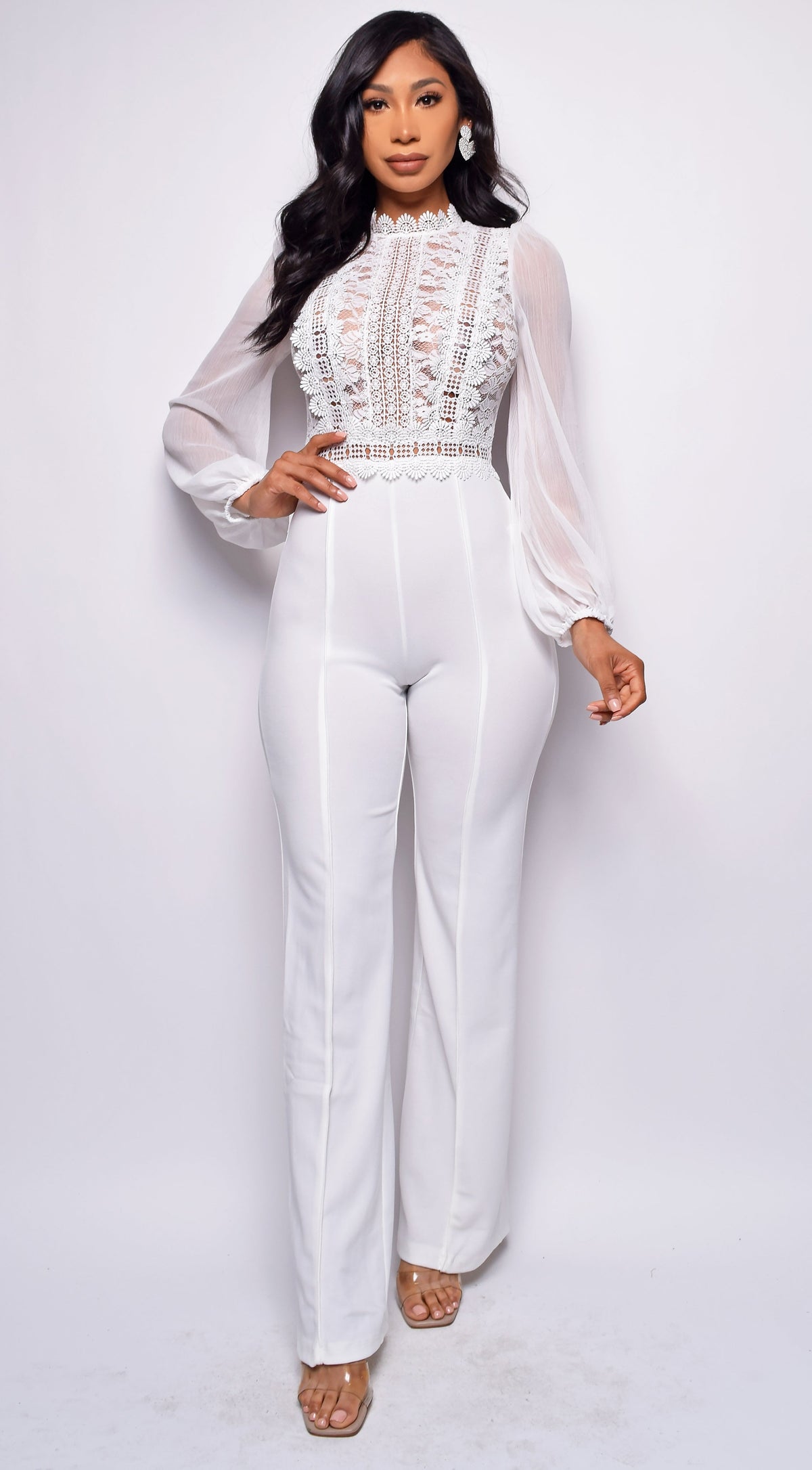 White Crochet Lace Mesh Jumpsuit