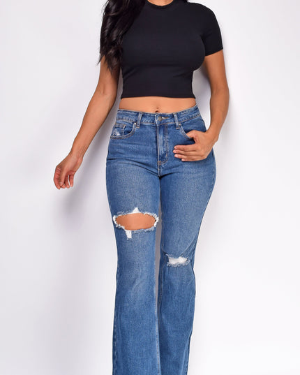 Blue Dark Wash Distressed Flared Denim Jeans