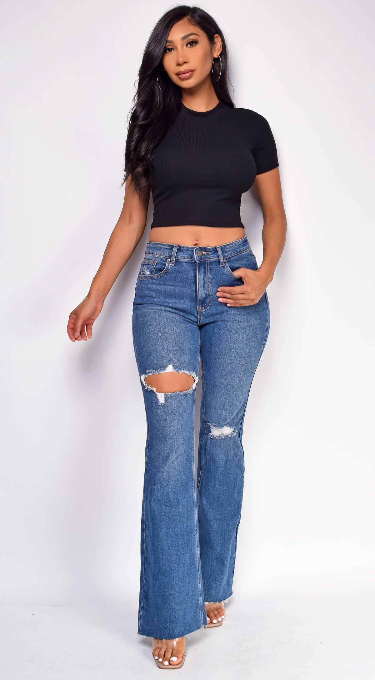 Blue Dark Wash Distressed Flared Denim Jeans