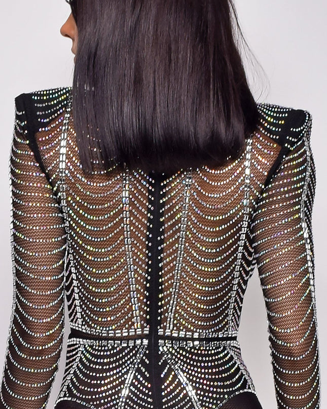 Black Rhinestone Mesh Long Sleeve Bodysuit