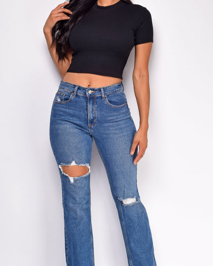 Blue Dark Wash Distressed Flared Denim Jeans