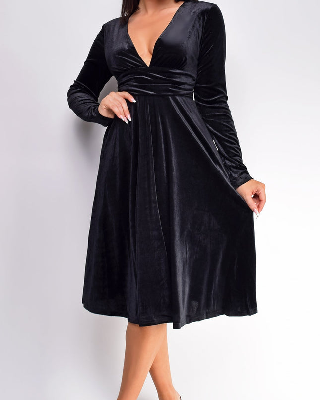 Black V Neck Velvet Midi Dress