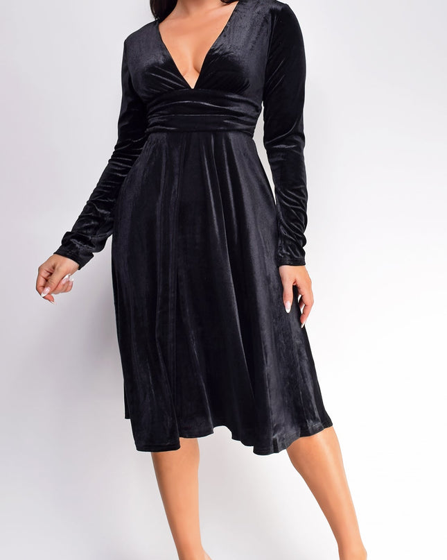 Black V Neck Velvet Midi Dress