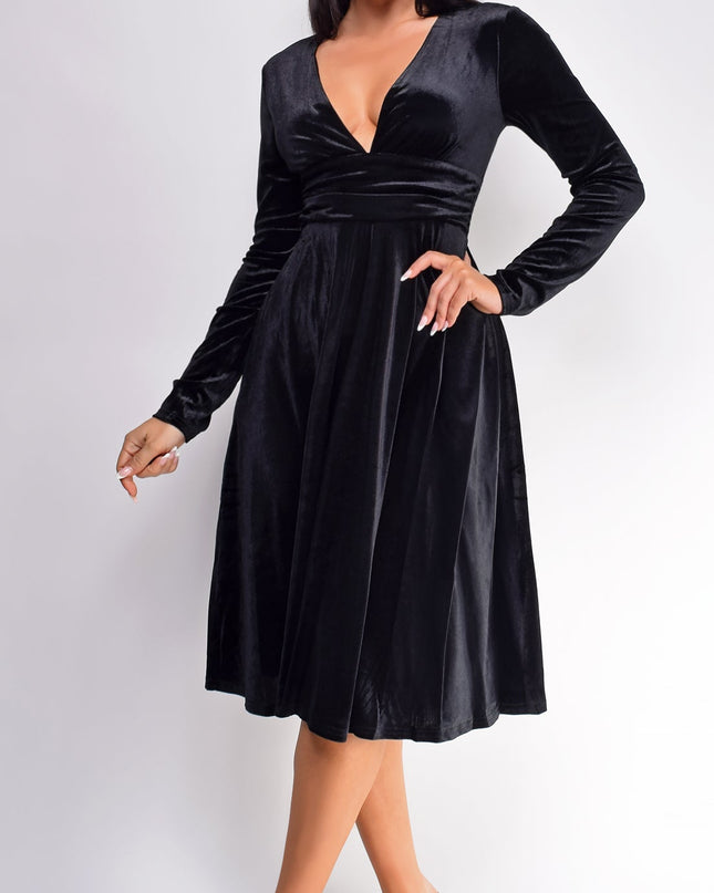 Black V Neck Velvet Midi Dress