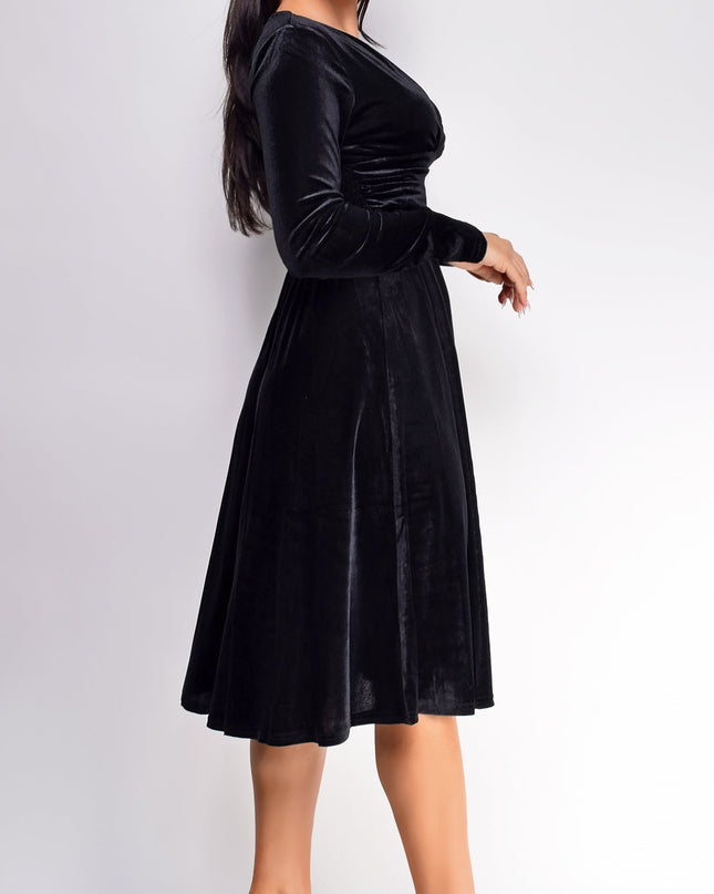 Black V Neck Velvet Midi Dress