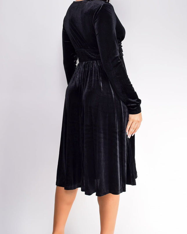 Black V Neck Velvet Midi Dress