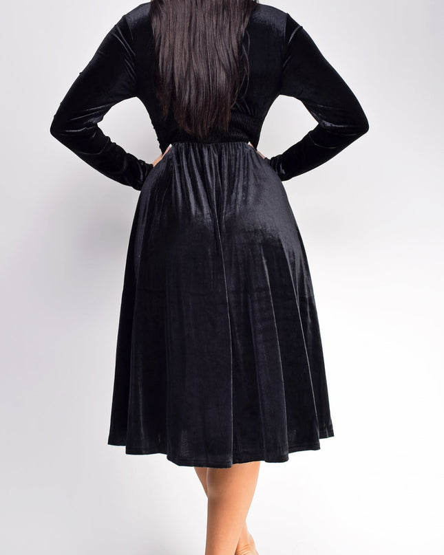 Black V Neck Velvet Midi Dress