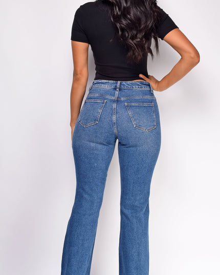 Blue Dark Wash Distressed Flared Denim Jeans