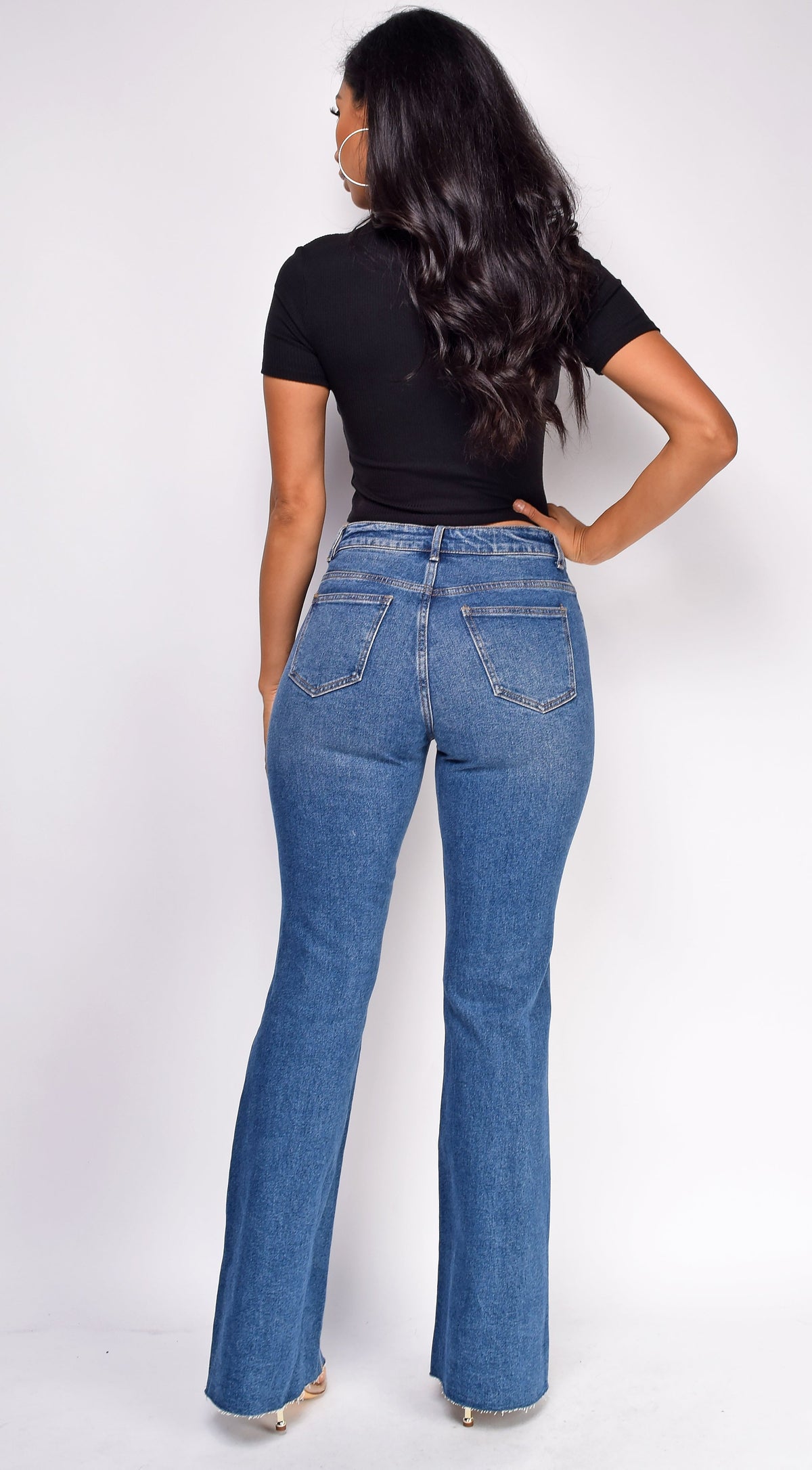 Blue Dark Wash Distressed Flared Denim Jeans