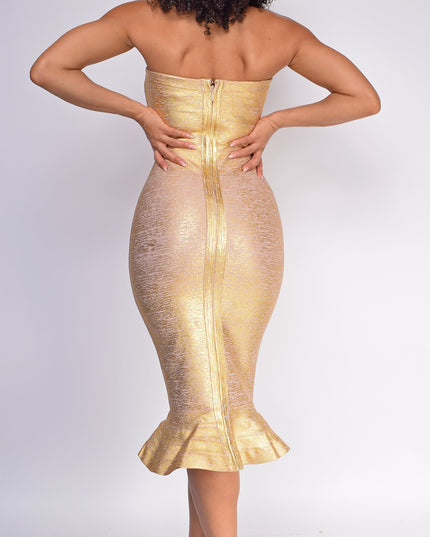 Gold Strapless Fluted Bandage Dress