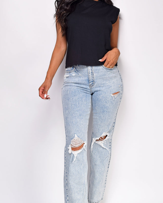 Wash Distressed Straight Leg Denim Jeans