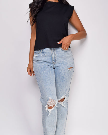 Wash Distressed Straight Leg Denim Jeans