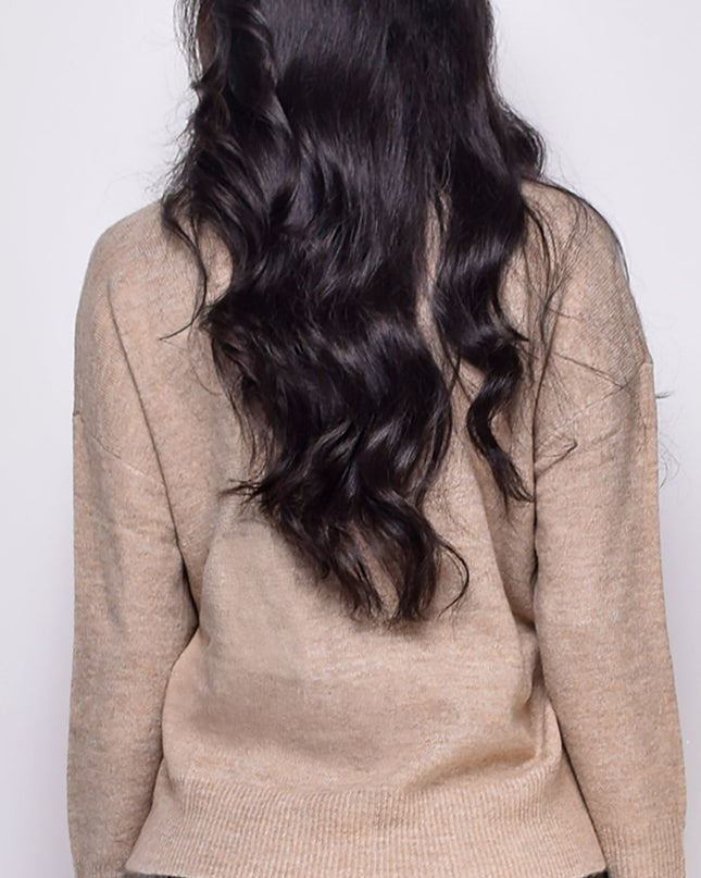 Beige V Neck Drop Shoulder Sweater Top