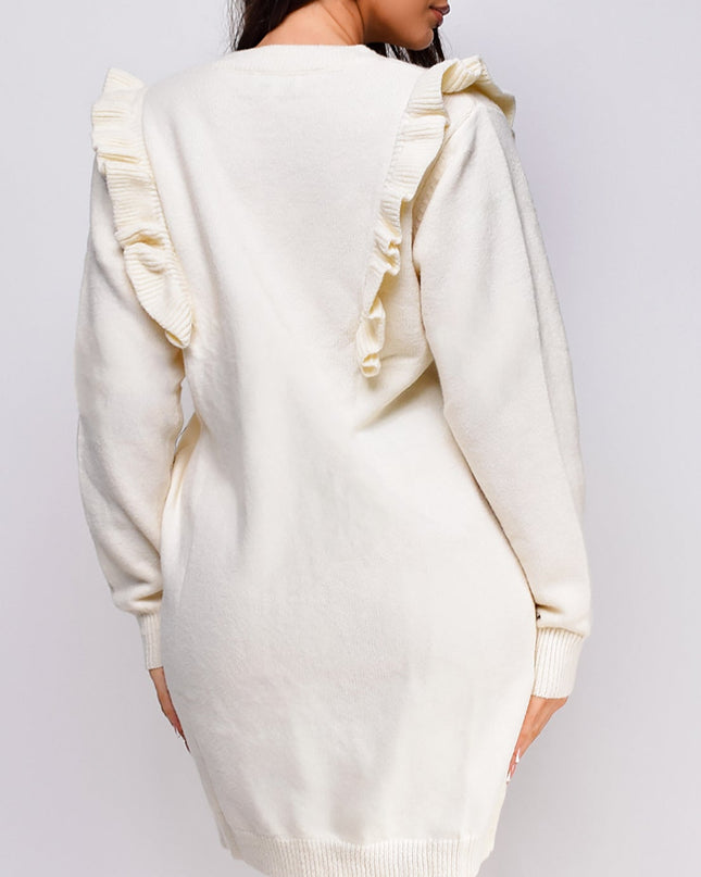 Ivory Long Sleeve Ruffle Detail Sweater Mini Dress