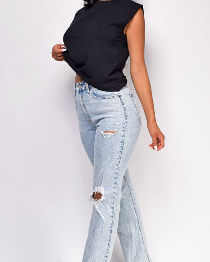 Wash Distressed Straight Leg Denim Jeans