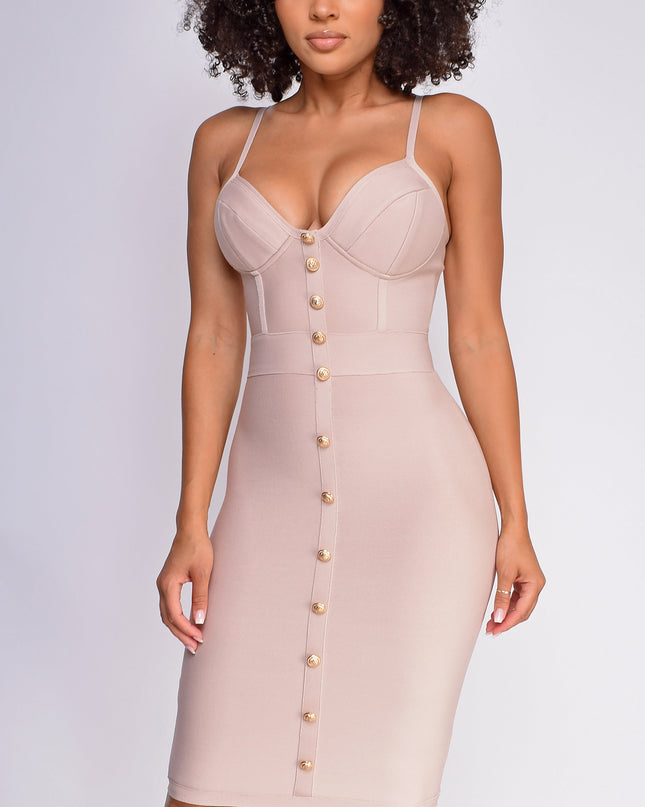 Nude Gold Button Bandage Dress