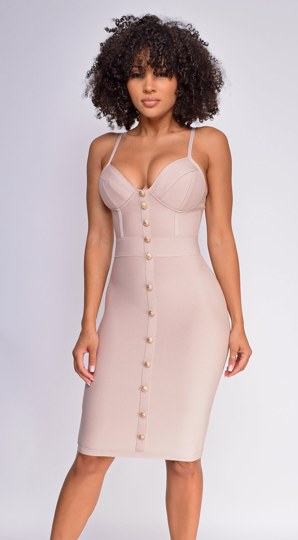 Nude Gold Button Bandage Dress