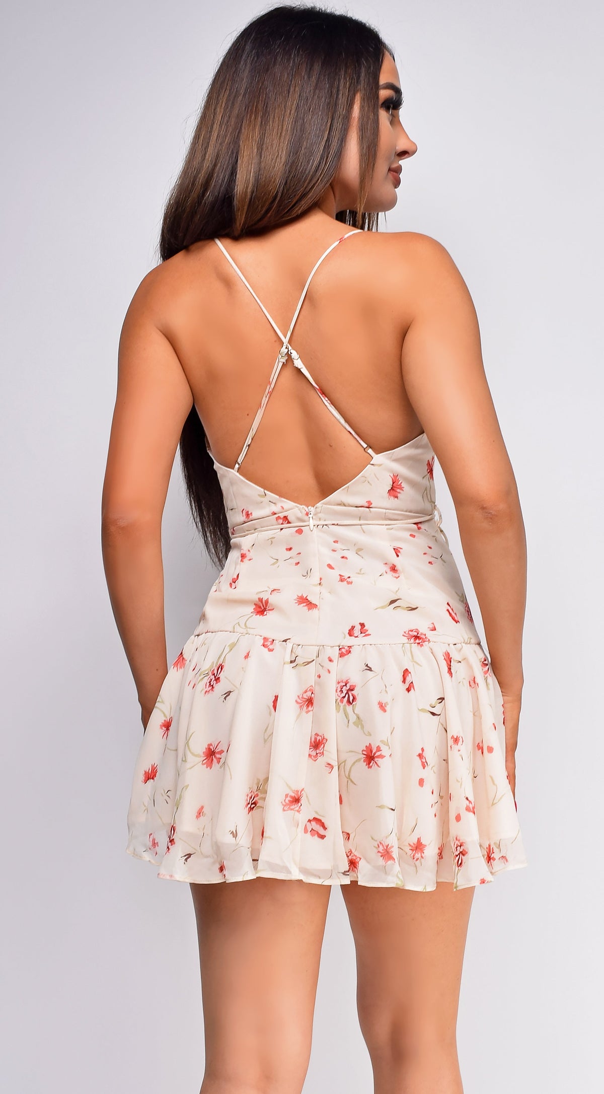 Beige Red Floral Print Mini Dress