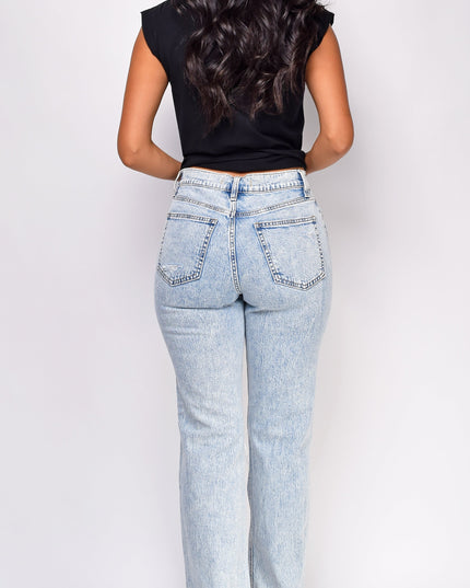 Wash Distressed Straight Leg Denim Jeans