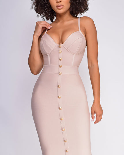 Nude Gold Button Bandage Dress