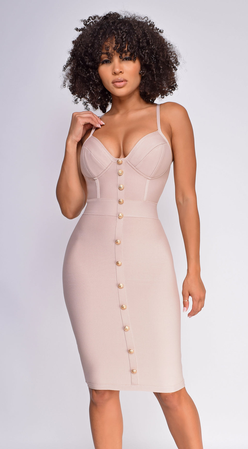 Nude Gold Button Bandage Dress