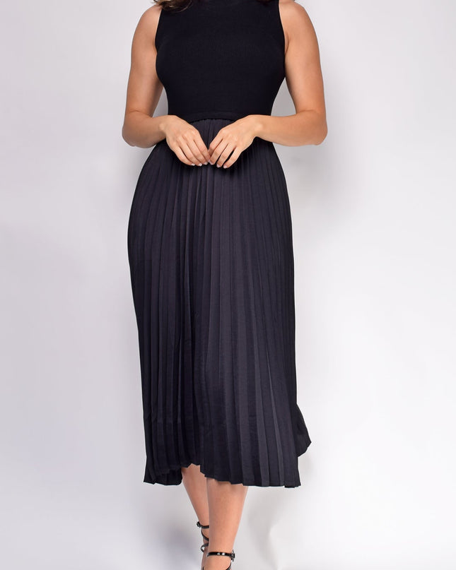 Black Pleated Contrast High Neck Midi Dress