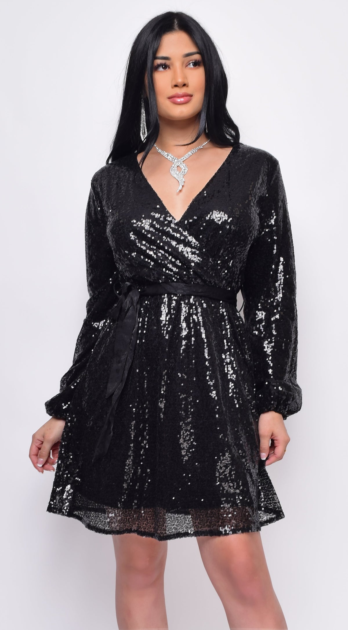 Black Sequin Belted Long Sleeve Midi Dress