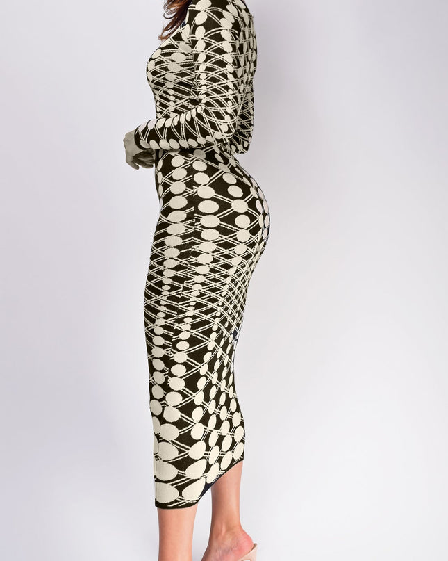 Black Abstract Long Sleeve Maxi Dress