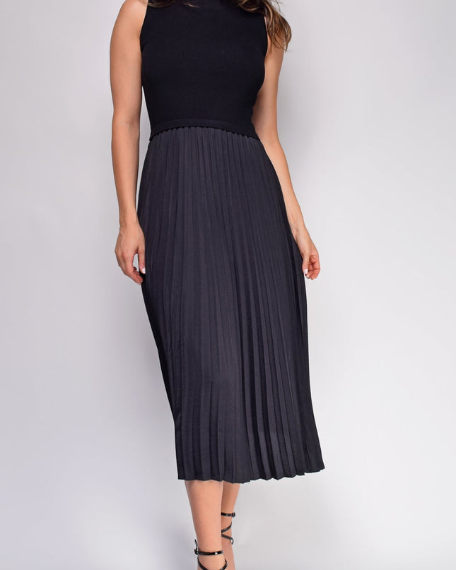 Black Pleated Contrast High Neck Midi Dress