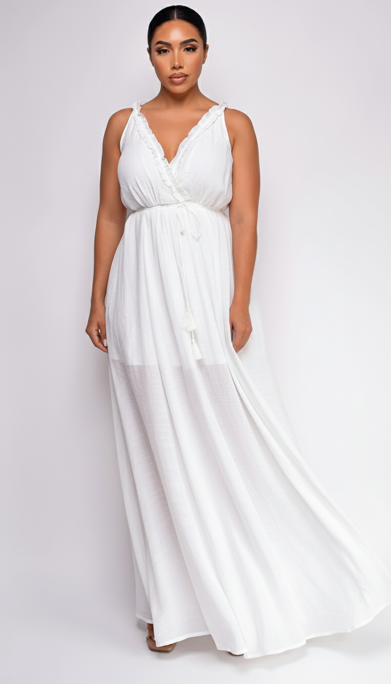 White Ruffle Detail Slit Maxi Dress