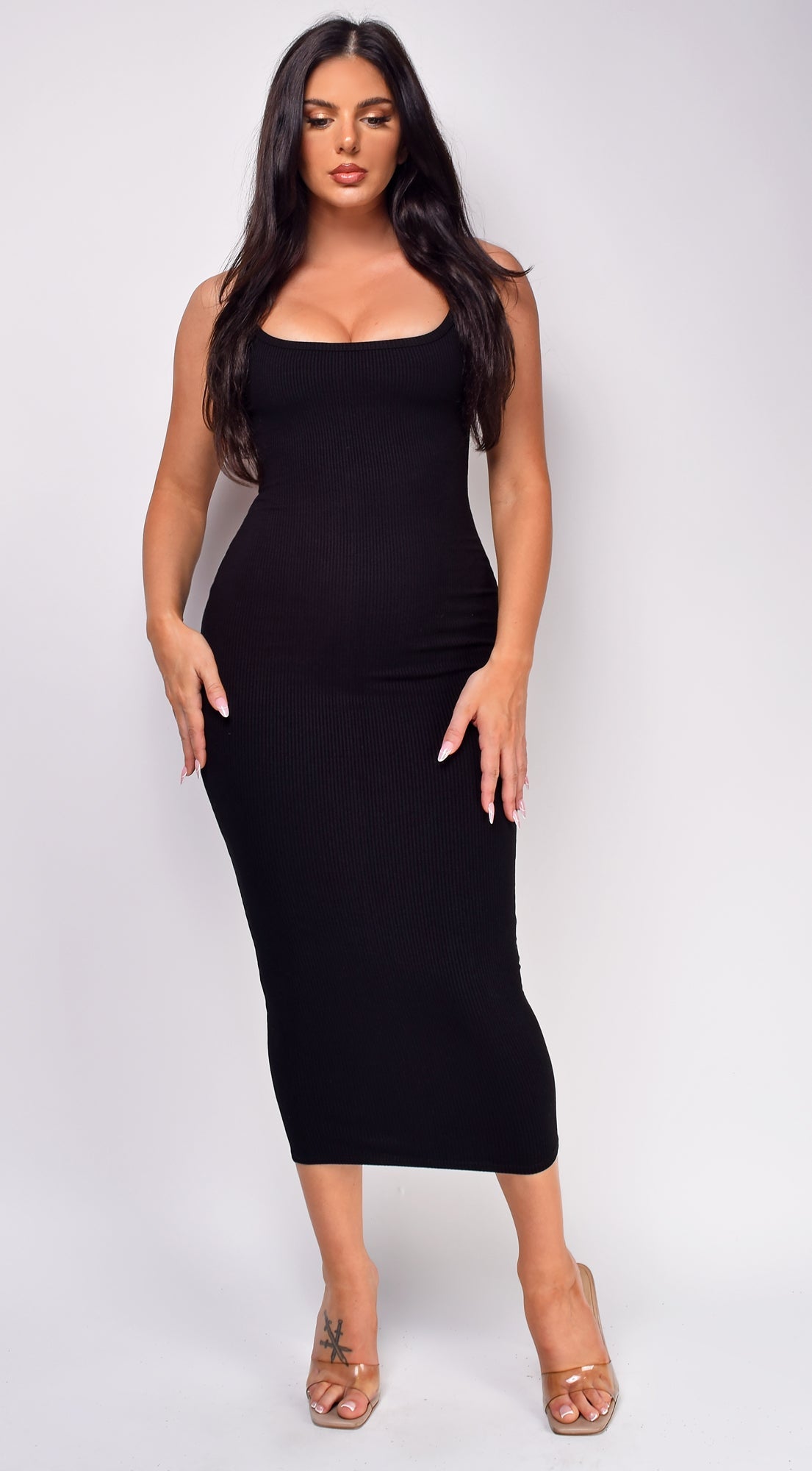Black Snatched Ribbed Midi Dress