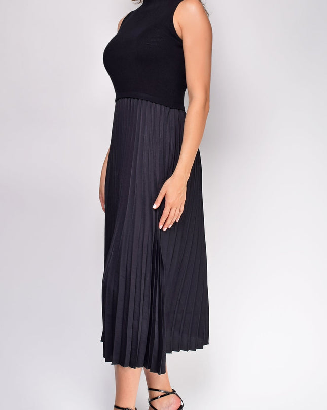 Black Pleated Contrast High Neck Midi Dress