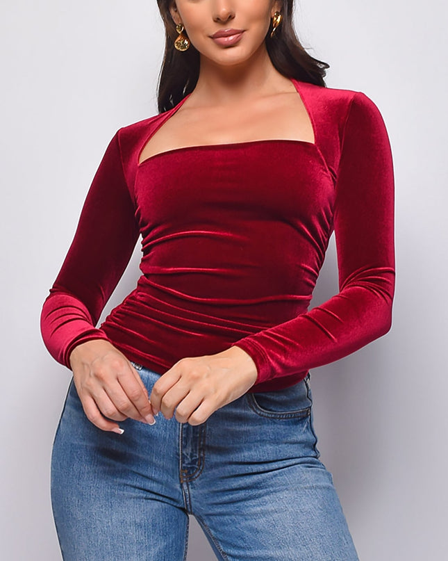 Burgundy Velvet Square Neck Long Sleeve Top