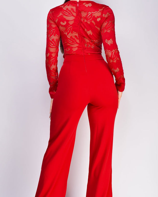 Red Long Sleeve Lace Crochet Jumpsuit