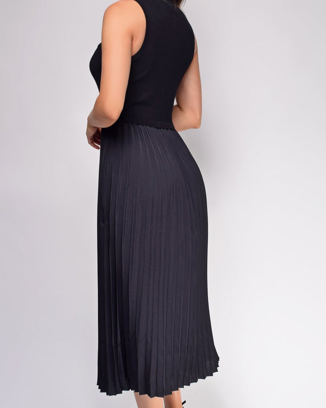 Black Pleated Contrast High Neck Midi Dress
