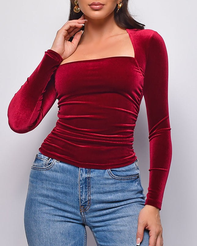Burgundy Velvet Square Neck Long Sleeve Top