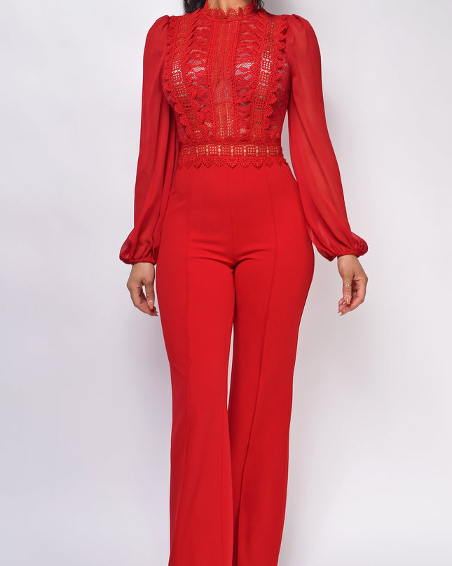 Red Crochet Lace Mesh Jumpsuit